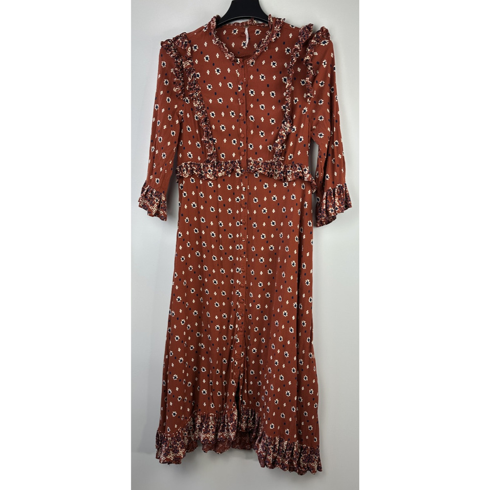 Free People Calico Skies Midi Dress Ruffle Button Boho Cottagecore Western Large - Picture 15 of 16